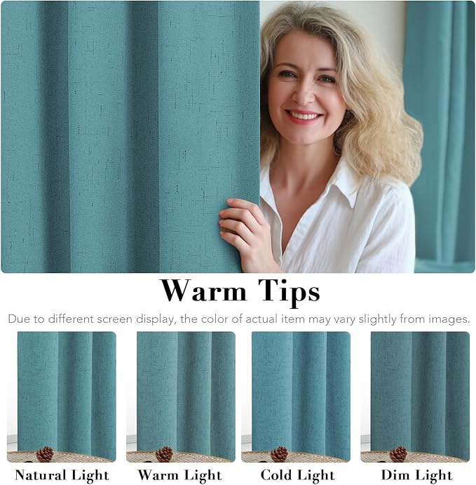 H.VERSAILTEX Linen Blackout Curtains 54 Inches Long 100% Absolutely Blackout Thermal Insulated Textured Linen Look Curtain Draperies Anti-Rust Grommet, Energy Saving with White Liner, 2 Panels, Teal