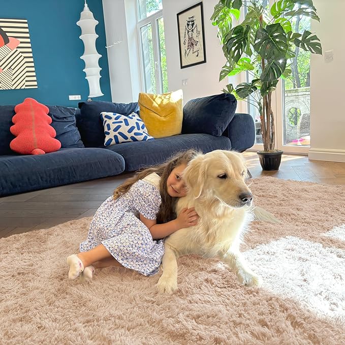 OLANLY 6x9 Machine Washable Large Area Rugs for Living Room, Bedroom, Soft Fluffy Shaggy Bedside Rug, Indoor Floor Carpet for Kids Girls and Boys, Dorms, Nursery, Home Decor Aesthetic, Beige