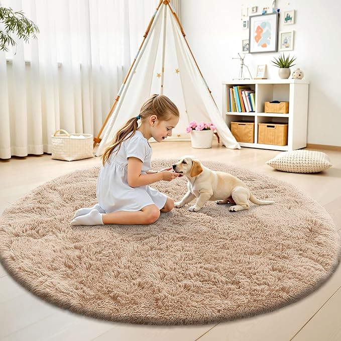 OLANLY Beige Round Rugs for Bedroom - Machine Washable, 9 ft Circle Area Rugs for Living Room, Soft and Fluffy Shaggy Carpet for Teen Girls and Boys, Nursery Rooms, Dorms, Home Decor Aesthetic
