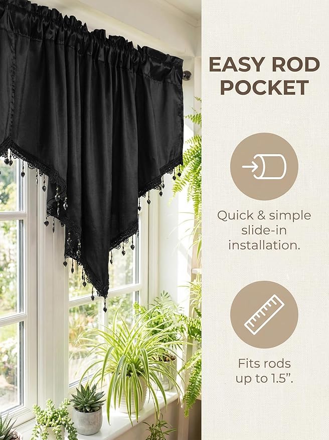 Molaxhome Swag Curtain 51 inch Length Rod Pocket Scalloped Curtain Valance Sheer Lace Panels with Hanging Crystal Beads for Kitchen Bedroom Window Treatments Drape Decor 1pc (Cloth Black, 51Wx23L)