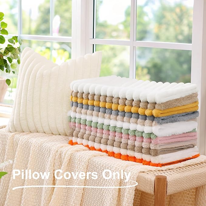 decorUhome Summer Cozy Faux Fur Throw Pillow Covers 12x20 Set of 2 Decorative Soft Plush Striped Lumbar Modern Farmhouse Boho Couch Pillow Cases with Velvet Back for Sofa Bed Living Room, Beige