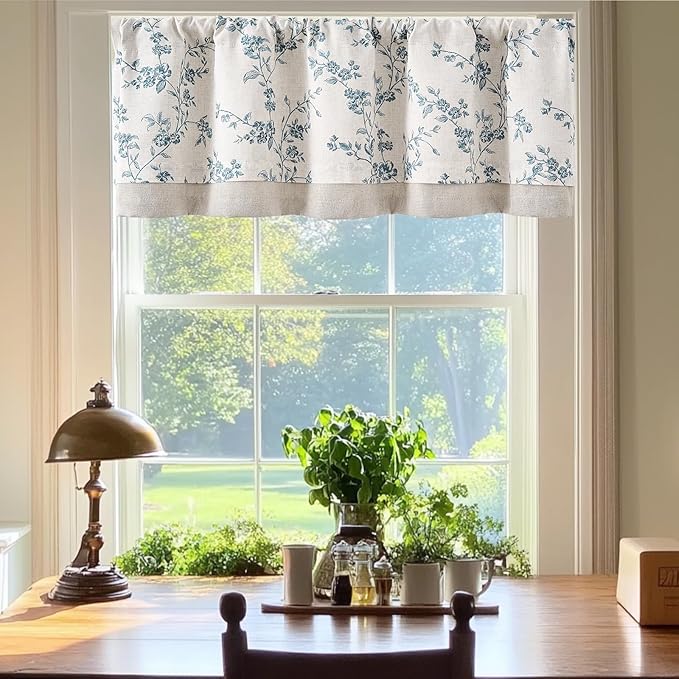 jinchan Linen Kitchen Valance for Windows 16 Inch Floral Double Layer Valance Living Room Laundry Room Darkening Rustic Cottagecore Farmhouse Flower Window Treatment 1 Panel Blue on Linen