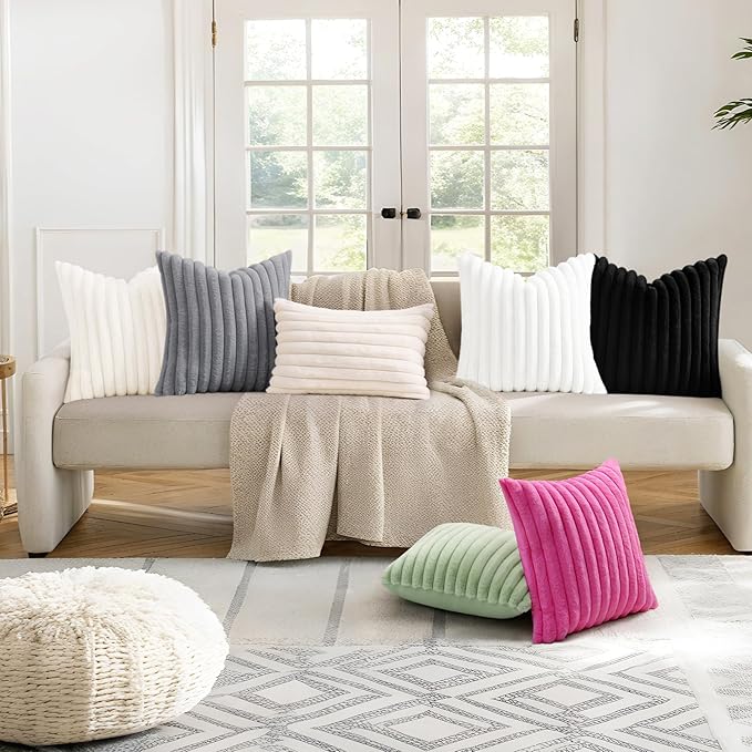 decorUhome Summer Cozy Faux Fur Throw Pillow Covers 22x22 Set of 2 Decorative Soft Plush Striped Modern Farmhouse Boho Couch Euro Sham Pillow Cases with Velvet Back for Sofa Bed Living Room, Hot Pink