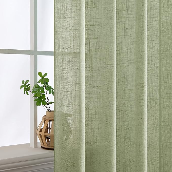 MIULEE Sage Green Linen Curtains 63 Inch Length 2 Panels for Bedroom Living Room, Soft Thick Linen Textured Kitchen Window Drapes Semi Sheer Light Filtering Back Tab Rod Pocket Burlap Look Decor