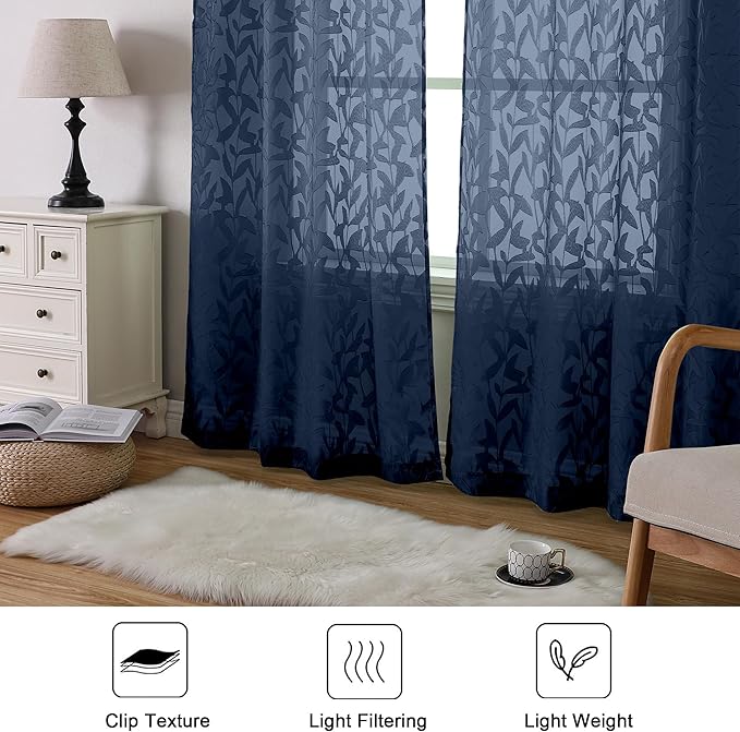 Lecloud Leia Navy Blue Sheer Curtains 84 Inches Long 2 Panels, Airy Leaf Textured Jacquard Drapes, Light Filtering & Privacy Window Curtains with Dual Rod Pocket for Living Room Bedroom, 52" W x 84" L