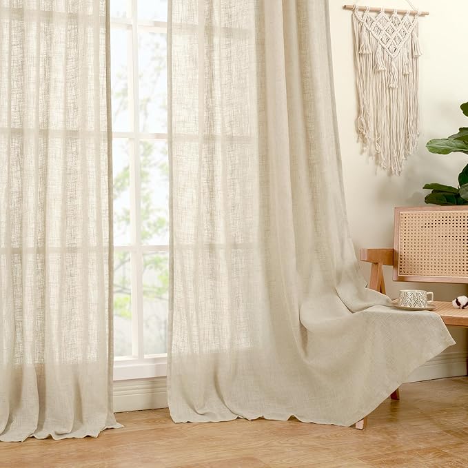 LAMIT Sheer Linen Curtains 63 inches Length for Bedroom, Light Filtering Panels Bronze Grommet Linen Textured Neutral Drapes for Living Room, Linen, 2 Panels, 34 x 63 Inch