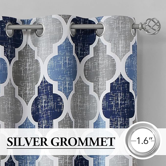Beauoop 100% Blackout Curtains 90 Inches Long 2 Panels for Bedroom Living Room Blue Grey Moroccan Geo Room Darkening Thermal Insulated Soundproof Grommet Top Window Treatments Drapes, 50x90 Set of 2