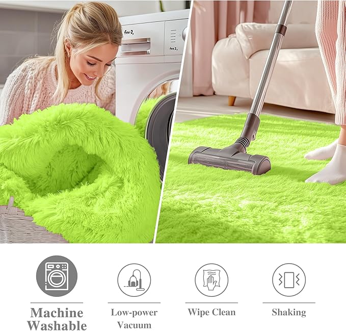 OLANLY Lime Green Round Rugs for Bedroom - Machine Washable, 9 ft Circle Area Rugs for Living Room, Soft and Fluffy Shaggy Carpet for Teen Girl and Boys, Nursery Rooms, Dorms, Home Decor Aesthetic