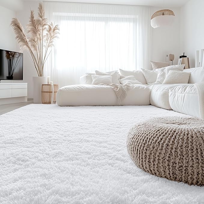 OLANLY 7x8 Machine Washable Large Area Rugs for Living Room, Bedroom, Soft Fluffy Shaggy Bedside Rug, Indoor Floor Carpet for Kids Girls and Boys, Dorms, Nursery, Home Decor Aesthetic, White
