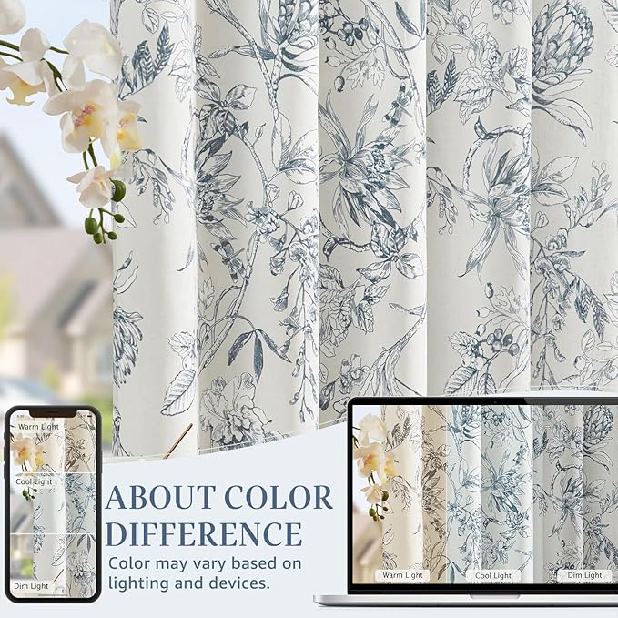jinchan Floral Curtains 84 Inches Long Blue Flower Linen Farmhouse Curtain for Living Room French Country Vintage Curtain Rod Pocket Curtains Set 2 Panels Blue Floral Printed