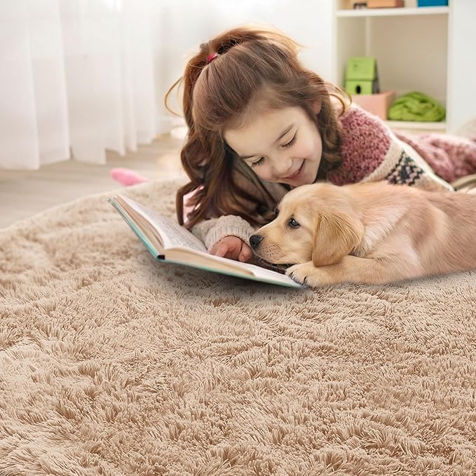 OLANLY Beige Round Rugs for Bedroom - Machine Washable, 9 ft Circle Area Rugs for Living Room, Soft and Fluffy Shaggy Carpet for Teen Girls and Boys, Nursery Rooms, Dorms, Home Decor Aesthetic
