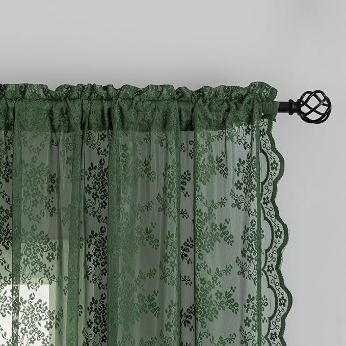 YJ YANJUN Vintage Lace Curtains 96 Inches Long-Victorian Floral Green Sheer Curtain Panels for Living Room,Light Filtering, Boho Christmas Decor 8 FT, 52Wx96L, 2 Panels Dark Emerald Green