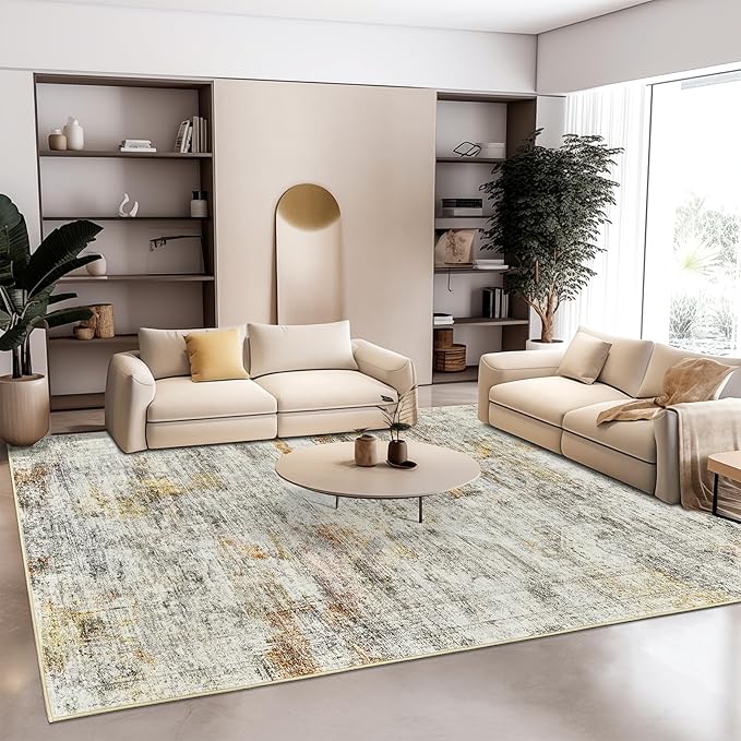 5x7 Area Rugs Gray Rust Low Pile Indoor Washable Trendy Faded Style Rugs for Bedroom Living Room Dining Room Foldable Non-Slip Thin Print Mat