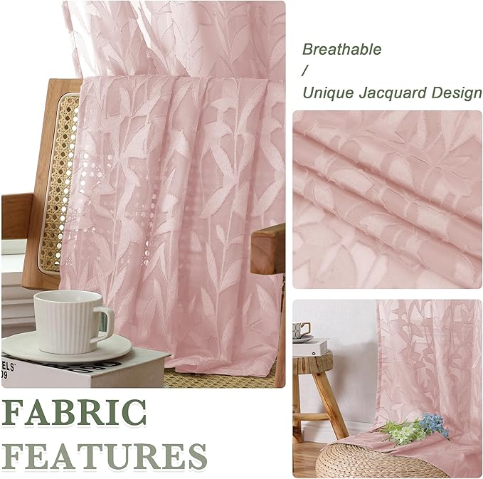 Lecloud Leia Clip Textured Sheer Blush Curtains 45 Inch Length 2 Panels, Dual Rod Pockets Window Living Room Voile Pink Curtain, Farmhouse Jacquard Leaf Gauzy Kitchen Bedroom Drapes, 38x45 Inches