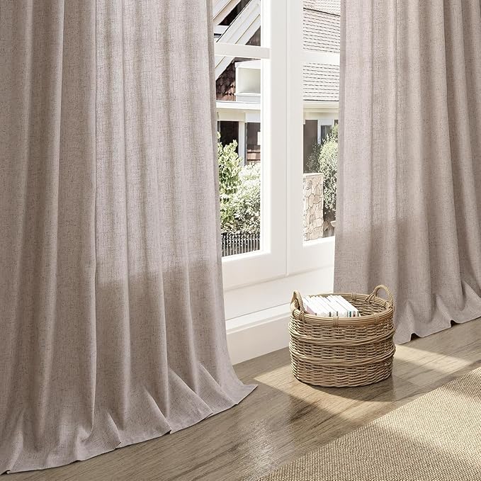 Nanspring Brownish Grey Linen Curtains for Living Room 110 Inches Long Back Tab Light Filtering Semi Sheer Curtain Modern Farmhouse Decor for Bedroom Office Luxury Textured Drapes 52x110, 2 Panels