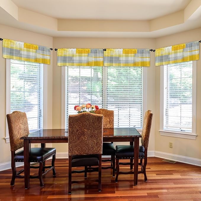 Emvency 4 Pack Valances Window Treatments, Yellow and Grey Abstract Modern Art Blackout Adjustable for Living Room Bathroom Bedroom Kitchen Over Sink, 52x18 Inch Rod Pocket Valances