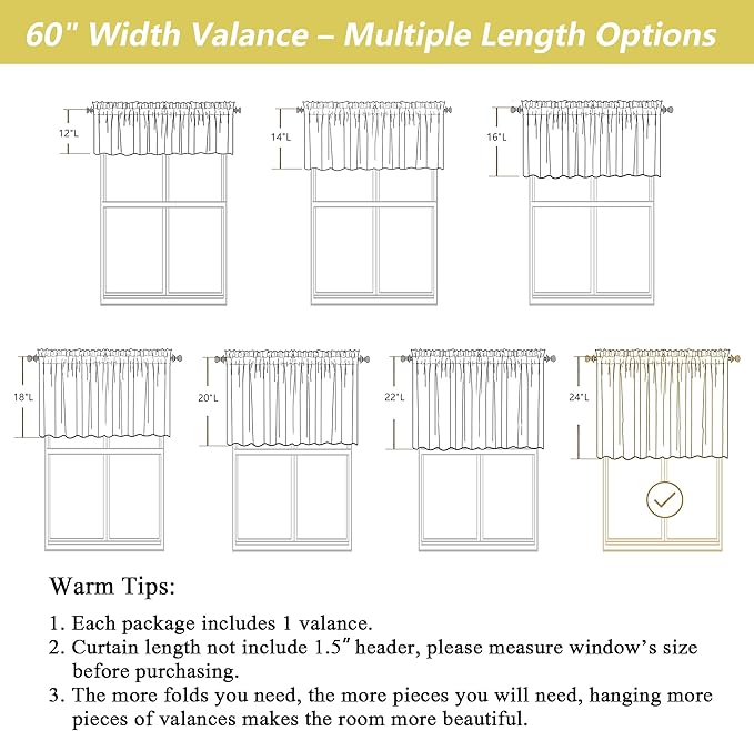 Navy Blue Valances for Windows, Light Filtering Faux Linen Textured Small Short Valance Curtains for Bathroom Basement Farmhouse, Rod Pocket Top Half Curtains for Windows, 60" Wx24 L