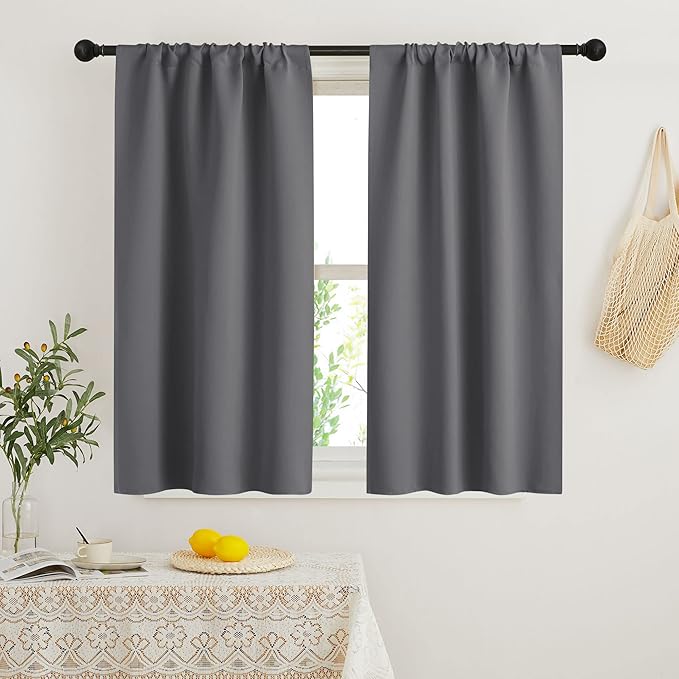RYB HOME Blackout French Door Window Curtain Covering, Rod Pocket Thermal Insulated Privacy Non See Through Drapes for Bathroom Window, Width 29 by Length 45, Grey, 2 Panels