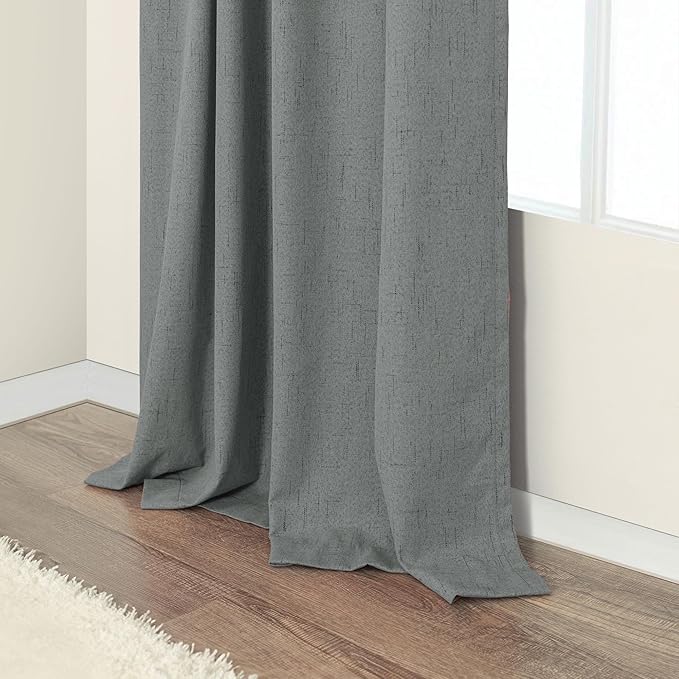 Charcoal Grey Curtains for Bedroom 2 Panel Set 63 Inch Length 100% Blackout Linen Look Thermal Insulated Light Blocking Darkening Bay Window Curtains for Boys Nursery Living Room Bathroom Dark Gray