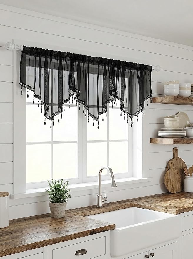 Molaxhome Swag Curtain 51 inch Length Rod Pocket Scalloped Curtain Valance Sheer Lace Panels with Hanging Crystal Beads for Kitchen Bedroom Window Treatments Drape Decor 1pc (Black, 51Wx23L)