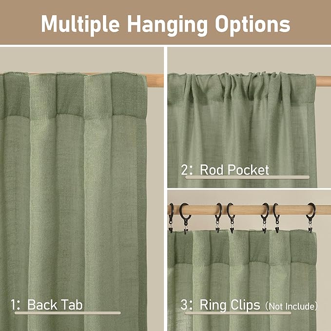 LAMIT Sheer Linen Curtains 63 Inches Long, Semi Sheer Light Filtering Panels Back Tab and Rod Pocket Small Window Drapes for Basement/Bedroom/Loft Room, Sage Green, 2 Panels, 34 x 63 Inch
