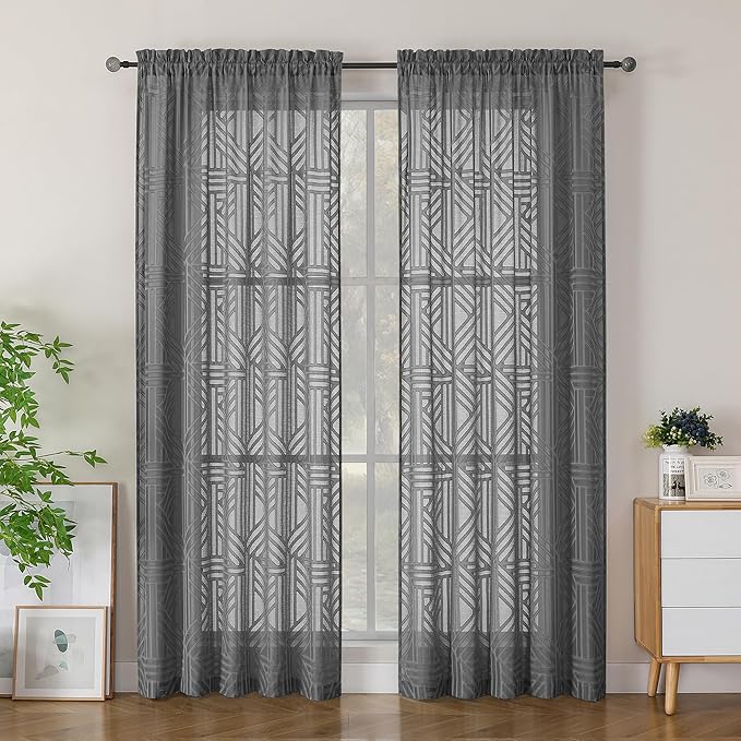 Simplebrand Semi Sheer Charcoal Grey Curtains 84 Inches Long 2 Panels, Light Filtering Geometric Jacquard Clip Textured Sheer Curtains for Bedroom，Modern Elegant Window Curtains Drapes，52x84 inch