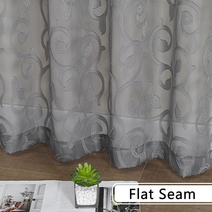 OWENIE Furman Sheer Curtains 45 Inch Long 2 Panels Set, Airy Jacquard Clip Short Voile Curtains for Kitchen Dinning Room Small Windows Bedroom Living Room, Top Dual Rod Pocket, Grey, 28Wx45L inch