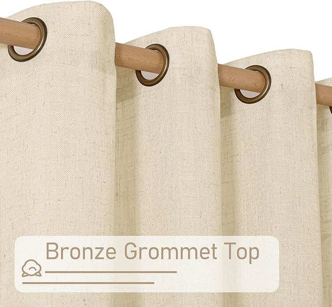 LAMIT Beige Linen Sheer Curtains 96 Inches Long for Living Room, Linen Textured Light Filtering Panels Bronze Grommet Floor to Ceiling Drapes for Sliding Glass Door/Bedroom, 2 Panels, 52 x 96 Inch