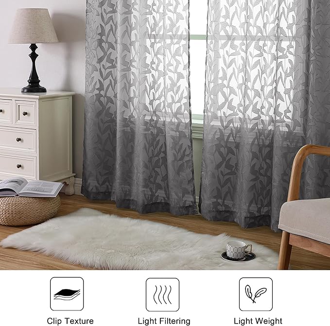 Lecloud Leia Charcoal Grey Sheer Curtains 84 Inches Long 2 Panels, Airy Leaf Textured Jacquard Drapes, Light Filtering & Privacy Rod Pocket Window Curtains for Living Room Bedroom, 52" W x 84" L