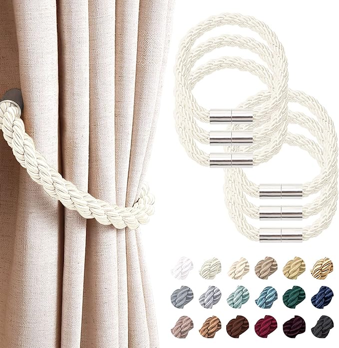NICEEC 6 Pack Strong Magnetic Curtain Tiebacks Modern Simple Style Drape Tie Backs Convenient Decorative Weave Rope Curtain Holdbacks for Thin or Thick Home & Office Window Draperies (Cream)