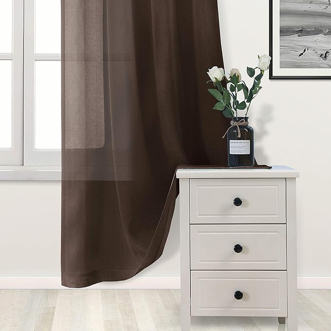 DWCN Brown Sheer Curtains Semi Transparent Voile Rod Pocket Curtains for Bedroom and Living Room, 42 x 63 inches Long, Set of 2 Panels