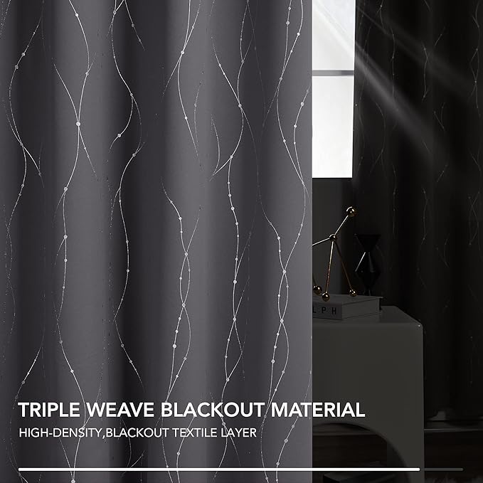 Deconovo Short Curtains Grey, Blackout Kitchen Curtain, Thermal Insulated Soundproof Drapes, Wave Dots Foil Print, 38 x 45 Inches, 2 Panels, Machine‑Washable Privacy Window Panel for Nursery Office