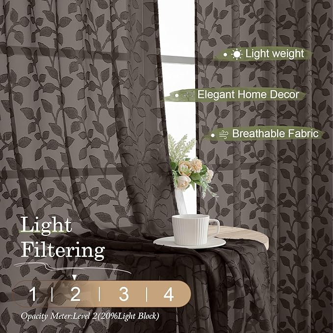 Chyhomenyc Chocolate Sheer Curtains 90 Inch Length 2 Panels Set, Light Filtering Tufted Textured Soft Airy Rod Pocket Gentle Leaf Window Treatment Drapes for Bedroom Living Room, 52" Wx90 L, 2PCS