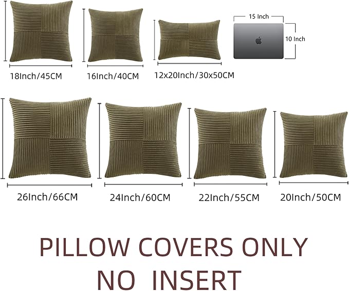 Fancy Homi 2 Packs Olive Green Samll Decorative Throw Pillow Covers 14x14 Inch with for Couch Bed Sofa, Rustic Farmhouse Boho Home Decor, Soft Corss Patchwork Corduroy Square Cushion Case 35x35 cm