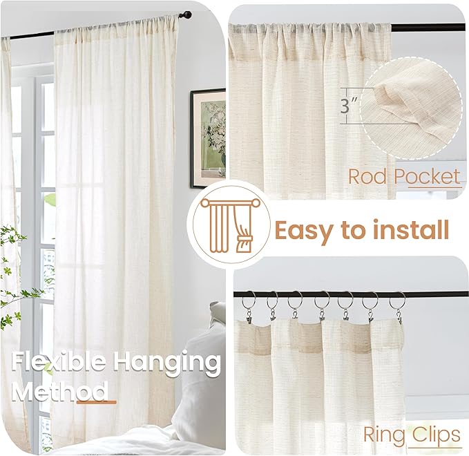 BGment 90 Inches Long Curtains for Living Room - Beige Linen Window Drapes Semi Sheer Rod Pocket Light Filtering for Bedroom Dining Room Decor Lightweight Rustic, 2 Panels, 52 Inch Wide Each Panel