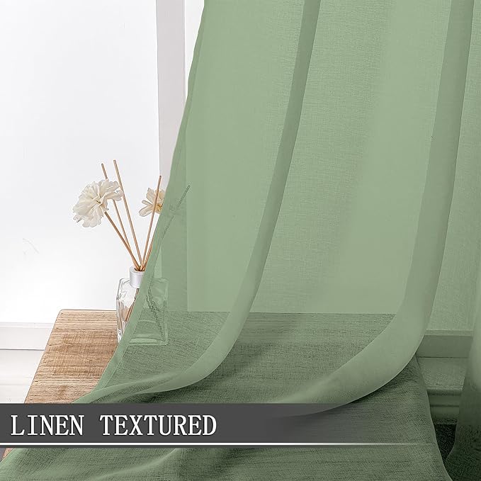 Tollpiz Sheer Curtains Linen Textured Bedroom Curtain Sheers Light Filtering Rod Pocket Voile Curtains for Living Room, 54 x 63 inches Long, Sage Green, Set of 2 Panels