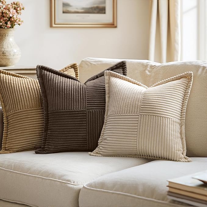 MIULEE Decorative Throw Pillow Covers for Couch Bed Livingroom 20x20 Inch Set of 2 Dark Brown Boho Accent Throw Pllows Broadside Striped Patchwork Soft Corduroy Pillowcases