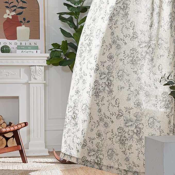jinchan Linen Blend Curtain Floral Curtains for Living Room 54 Inch Length Grey Printed Curtain Rod Pocket Back Tab Farmhouse Peony Flower Patterned Drapes Bedroom Window Curtains Set 2 Panels