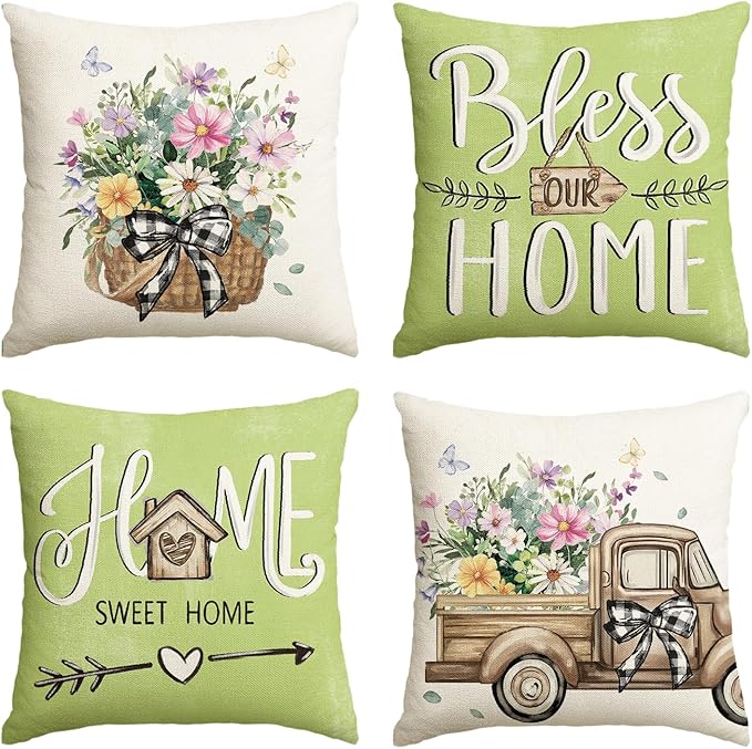 AVOIN colorlife Bless Our Home Eucalyptus Leaves Throw Pillow Covers, 16 x 16 Inch Spring Summer Truck Cushion Case for Home Sofa Couch Set of 4