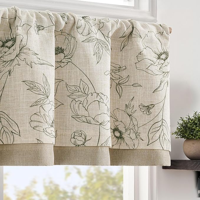 jinchan Linen Floral Valance Curtain for Kitchen Green Flower on Beige for Windows Room Darkening Farmhouse Valance Double Layer Window Treatment Decoration 1 Panel Rod Pocket 16 Inch