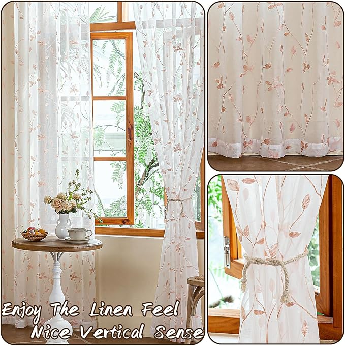AmHoo 2 Panels Embroidered Leaf Pattern Semi Sheer Curtains Foliage Floral Voile Window Draperies Treatment for Bedroom Living Room Rod Pocket White Pink 53 x 84 Inch