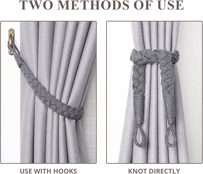 NICEEC 2 Pack Natural Cotton Rope Curtain Tiebacks Elegant Boho Style Decorative Drape Tie Backs Soft Hand-Woven Rope Curtain Holdbacks with Metal Hook for Home & Office Drapery (Dark Grey)