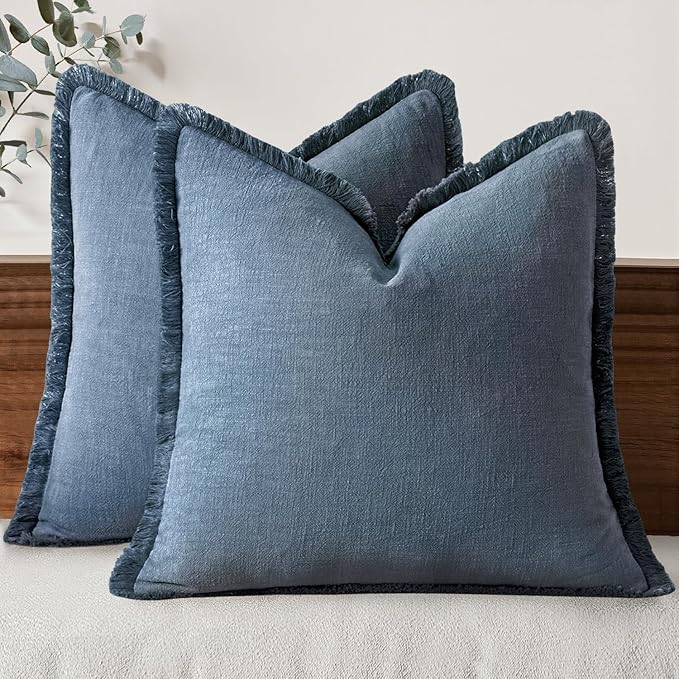 MIULEE Decorative Throw Pillow Covers Neutral Linen Fringe Throw Pillows Set of 2 Blue Ashes Boho Farmhouse Cushion Covers with Tassels for Couch Sofa Bed Spring Home Decor 22x22 Inch