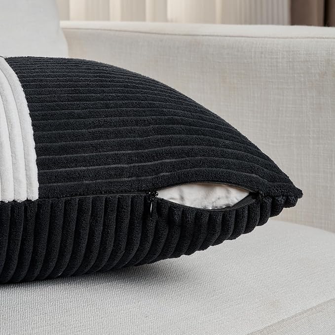 Fancy Homi Set of 2 Black White Decorative Throw Pillow Covers 16x16 Inch for Living Room Couch Bed, Modern Farmhouse Boho Home Decor, Soft Striped Corduroy Textured Square Cushion Case 40x40 cm