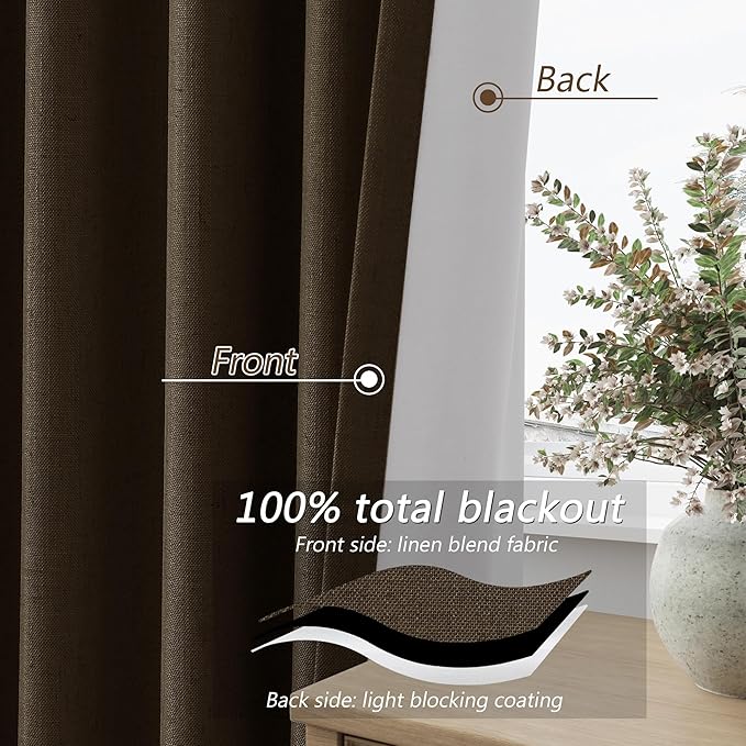 Guken 100% Blackout Curtains 90 Inch Length 2 Panels Set for Living Room Bedroom Back Tab Thermal Insulated Black Out Linen Drapes Room Darkening Chocolate,52x90