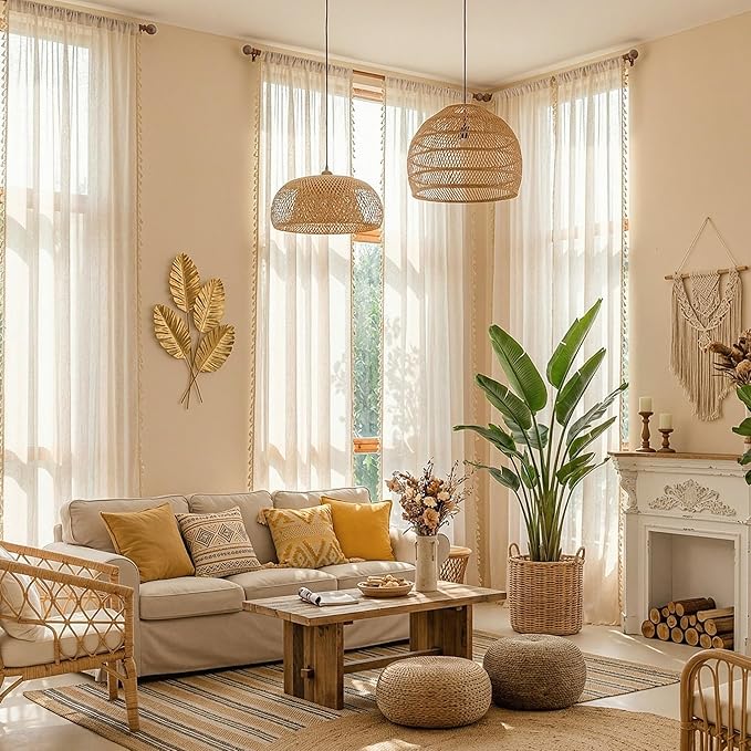MYSKY HOME Bohemian Linen Sheer Macrame Curtains 72 Inch Length, Back Tab Country Farmhouse Light Filtering Privacy Short Drapes for Bedroom Living Room, 50" W×72" L, Linen, 2 Panels