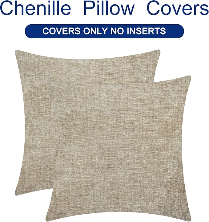CaliTime Throw Pillow Covers Decorative 16 X 16 Inches Pack of 2 Cozy Polyester Chenille Cushion Cases for Couch Sofa Bed Living Room Home Light Taupe