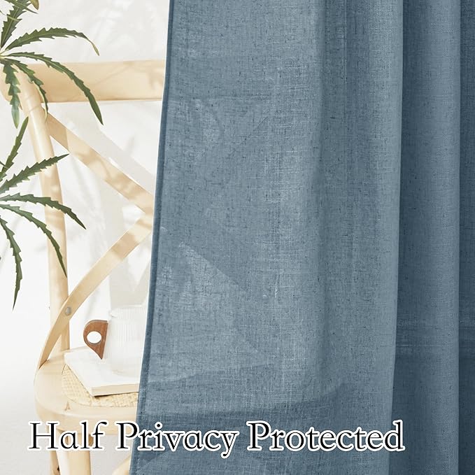 RYB HOME Linen Texture Curtains for Living Room Bathroom, Elegant Semi Sheer Drapes Light Filtering Airy Privacy Protection Vintage, 52 inch Width x 36 inch Length, Stone Blue, 2 Panels Set