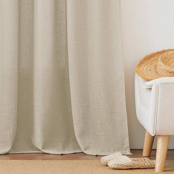 RYB HOME Semi Sheer Curtains 120 inches Long, Faux-Linen Privacy Sheer Drapes Look Classy Window Decor for Balcony Living Room Dining Room, 52 inch Width x 120 inch Length, Beige, 2 Panels Set