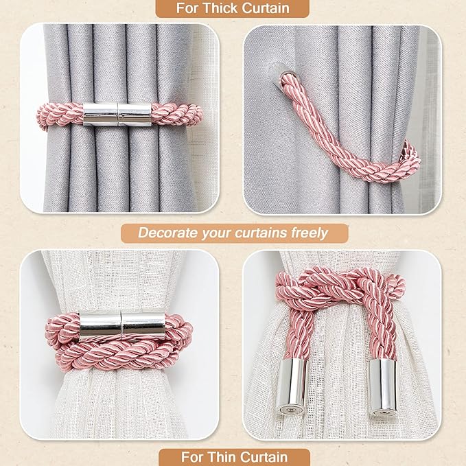 NICEEC 4 Pack Strong Magnetic Curtain Tiebacks Modern Simple Style Drape Tie Backs Convenient Decorative Weave Rope Curtain Holdbacks for Thin or Thick Home & Office Window Draperies (Pink)